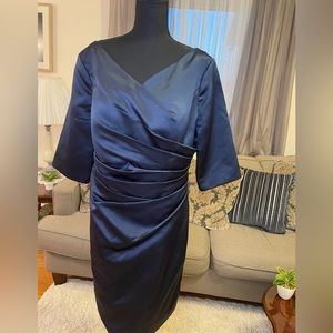 Mother of bride cocktail dress 20 Navy Satin knee length elbow sleeve LinTang